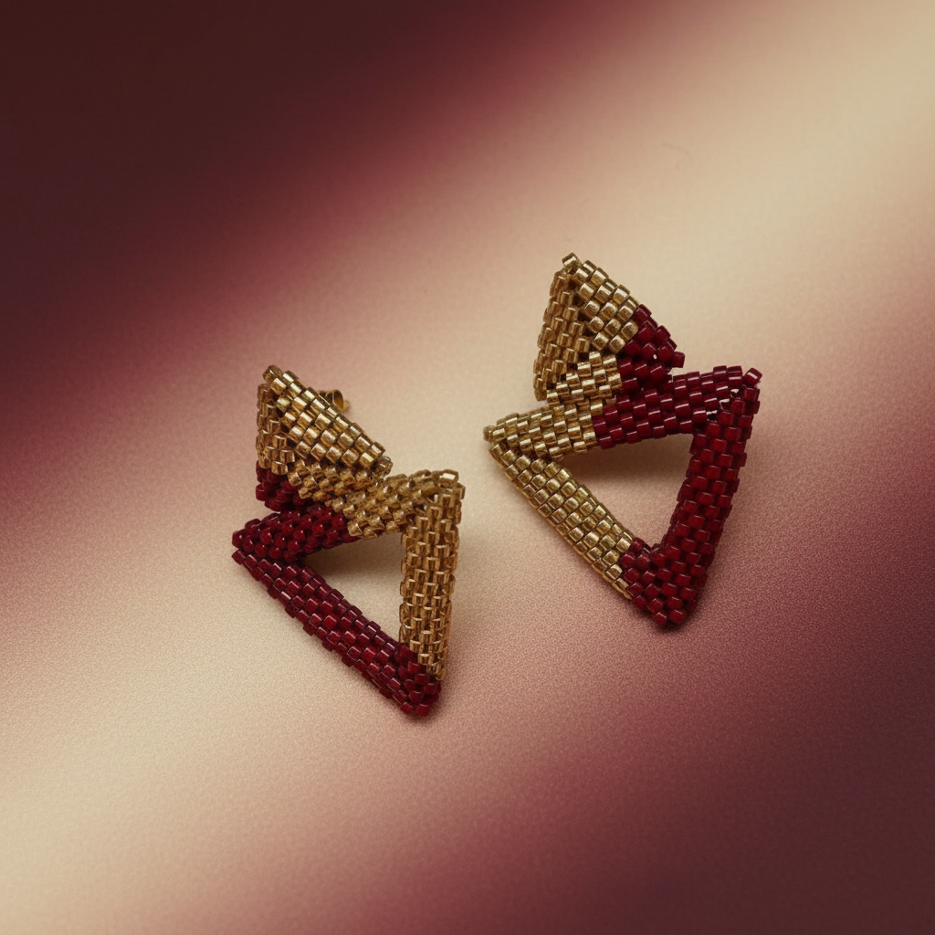 Pair of triangle-shaped earrings with gold and red beads on a pink background