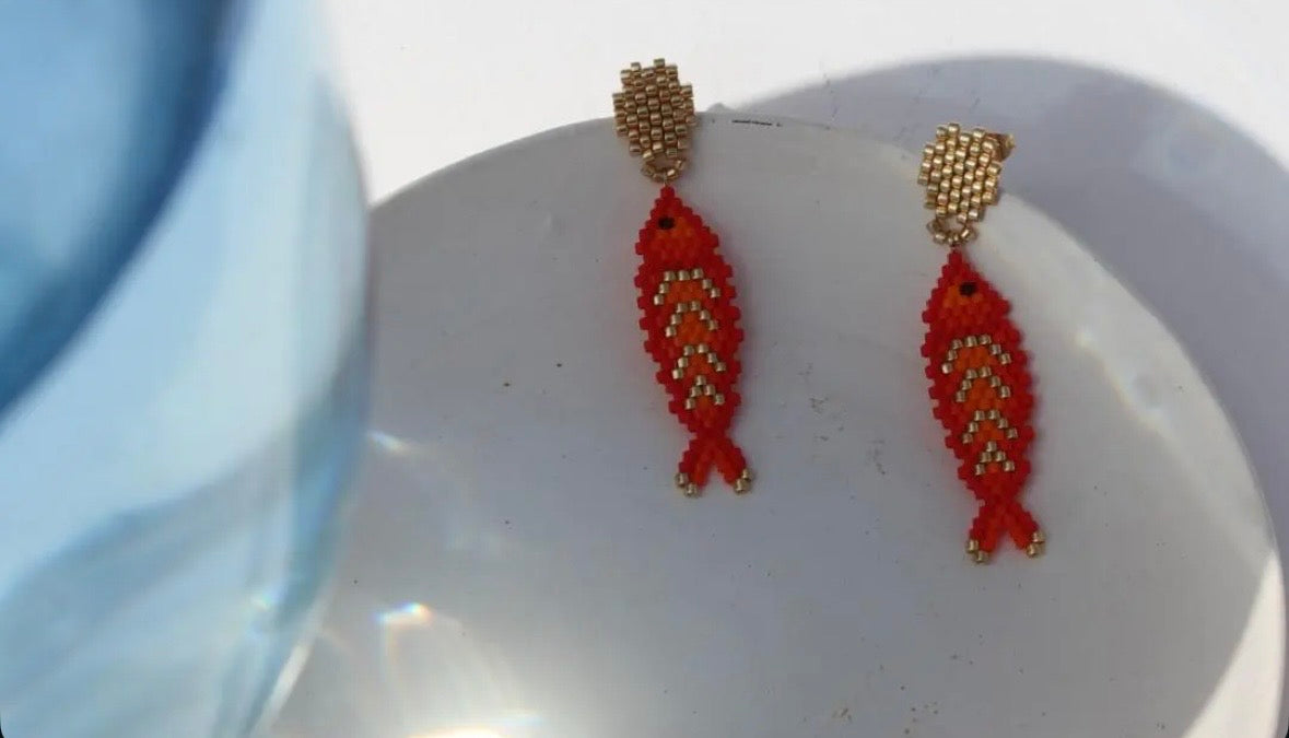 Red Fish Dangle Stud Earrings