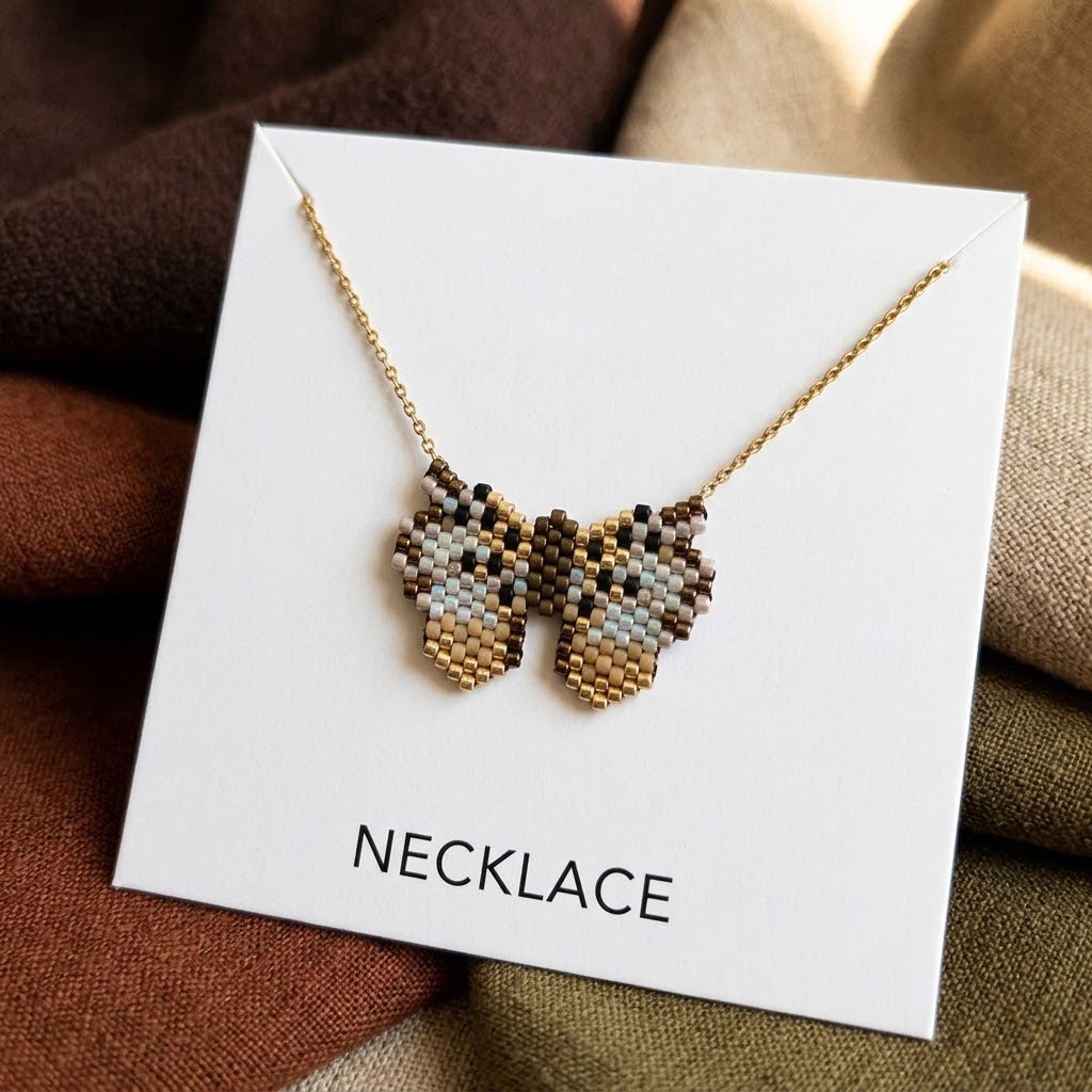 A beaded necklace with two butterfly-shaped pendants displayed on a white card labeled "NECKLACE," set against a soft brown fabric background.