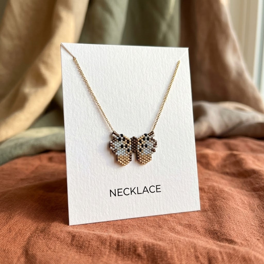 A delicate gold necklace with a butterfly-shaped pendant made of small black, white, and gold beads, displayed on a white card labeled 'NECKLACE' against a soft, draped fabric background.