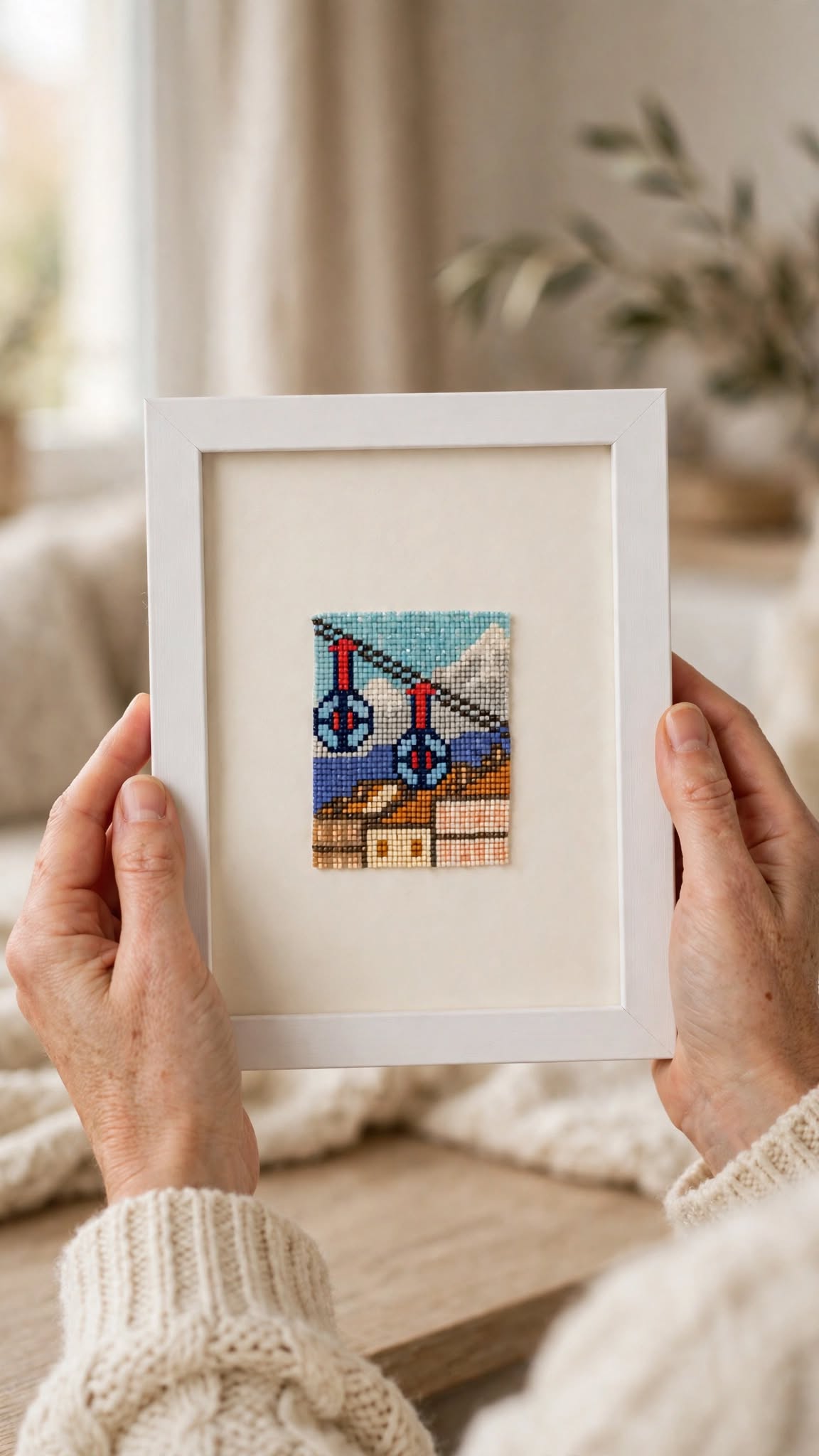 A person holds a white-framed cross-stitch artwork featuring a colorful mountain and crane design. The photo is taken in a softly lit indoor setting with a cozy knit sweater visible at the bottom.