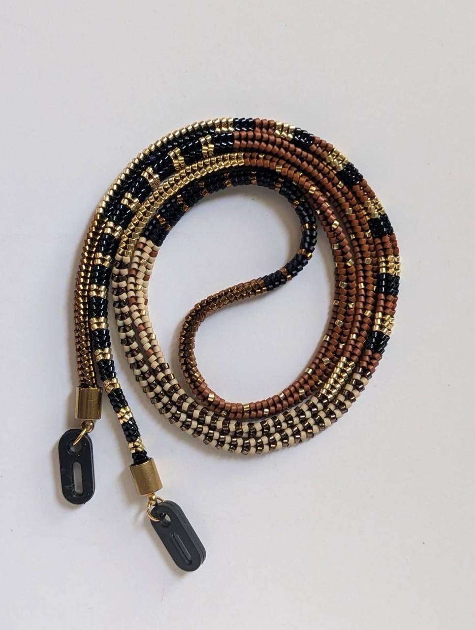 Tubular Miyuki beaded glasses chain in gold black bronze brown and cream