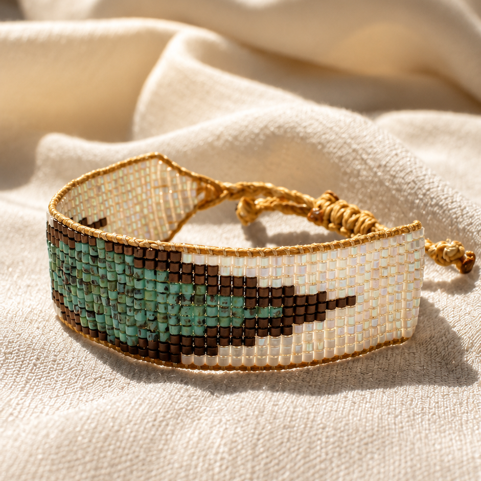 Handmade Turquoise Miyuki Beaded Bracelet | Adjustable Seed Bead Cuff | White & Bronze Boho Bracelet | Minimalist Jewelry Gift