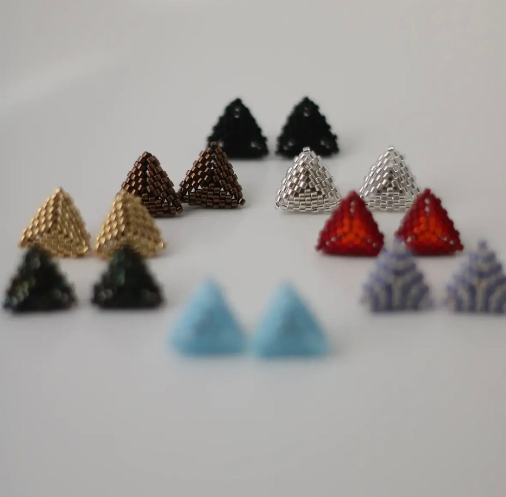 Assorted 3D triangle Miyuki stud earrings in metallic, neutral and colorful variations
