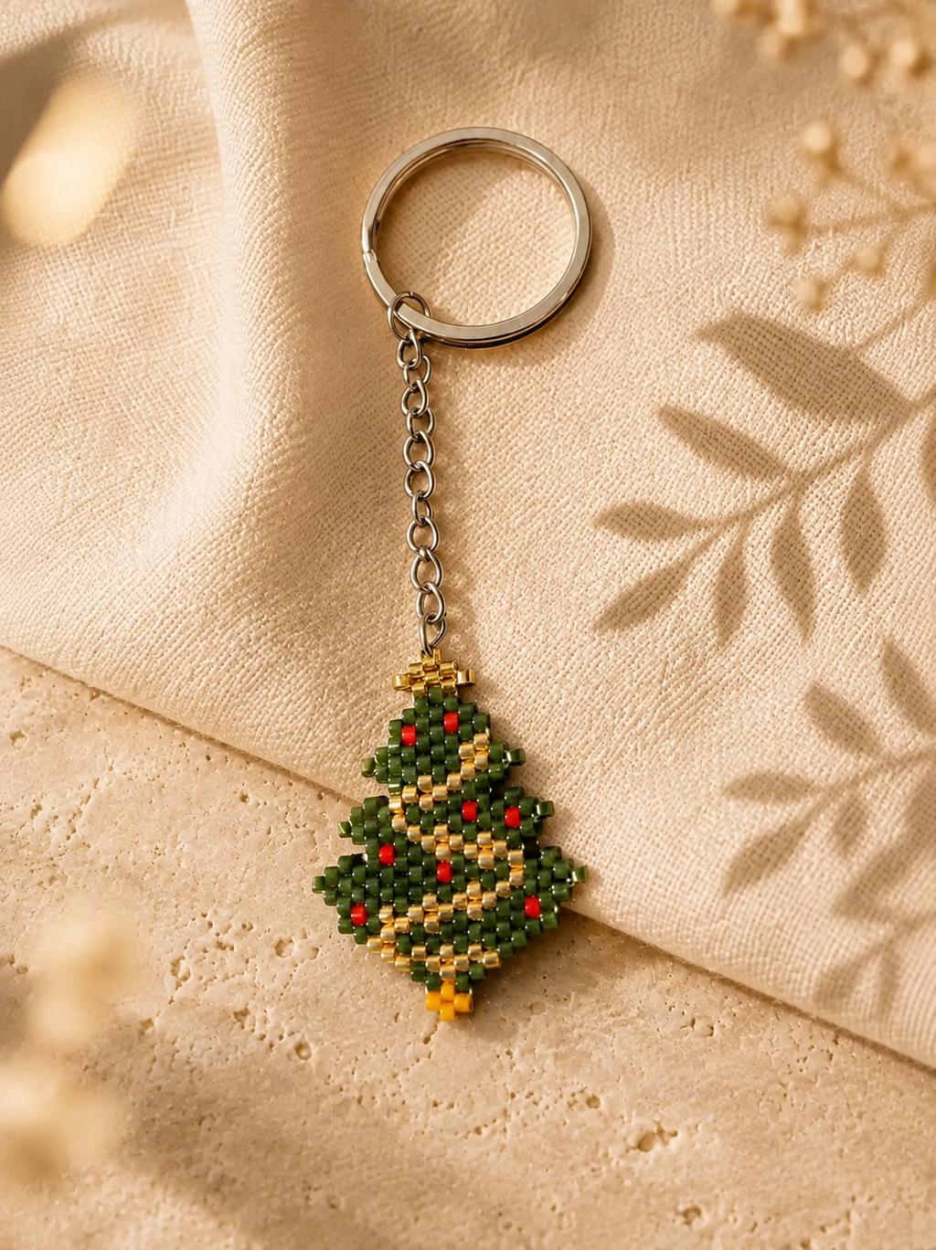 A beaded Christmas tree keychain with a silver metal split ring and chain, resting on a beige textured fabric background with leaf shadows.