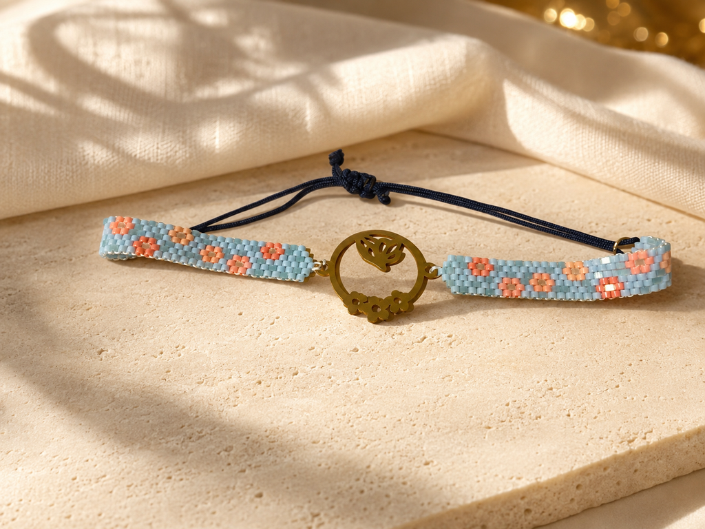 A handmade beaded bracelet with a central gold-tone circular charm, resting on a textured beige stone surface with draped cream fabric in soft shadows.