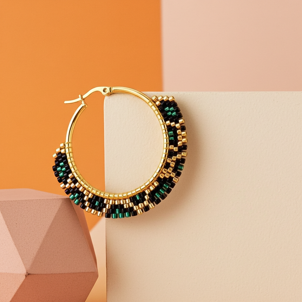 Green Leopard Miyuki Hoop Earrings