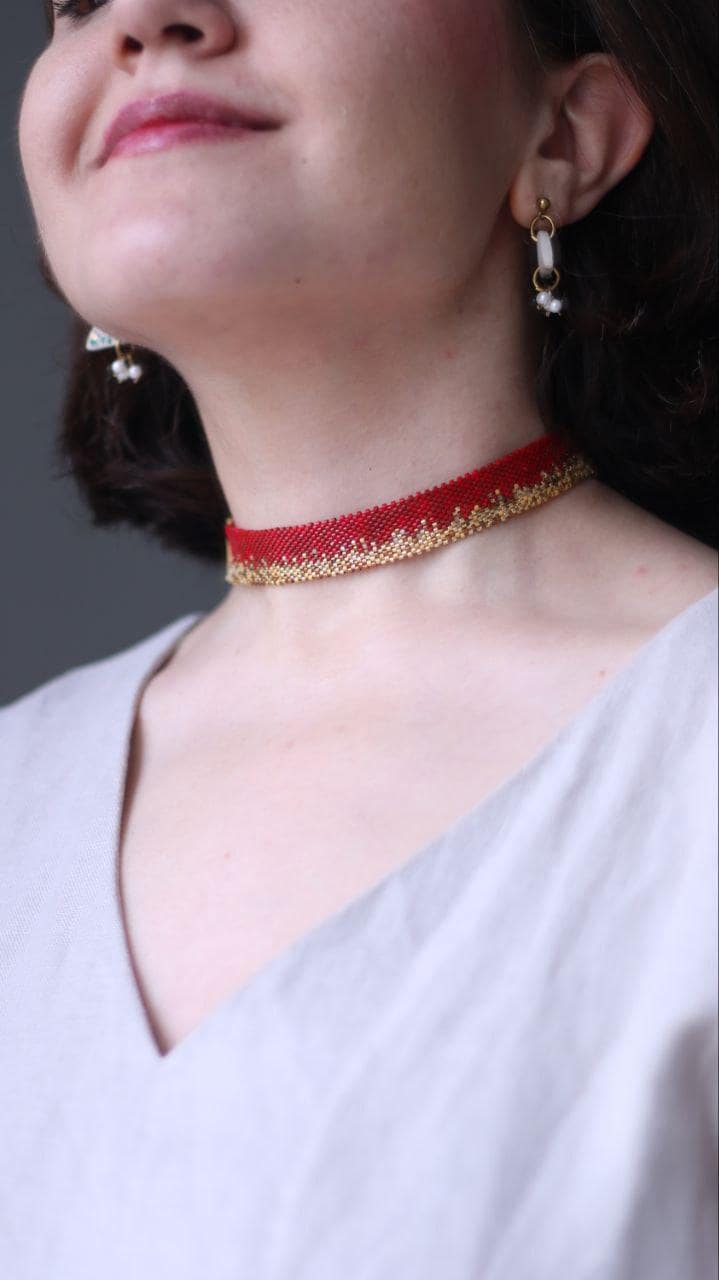 choker z koralików Miyuki czerwono-złoty