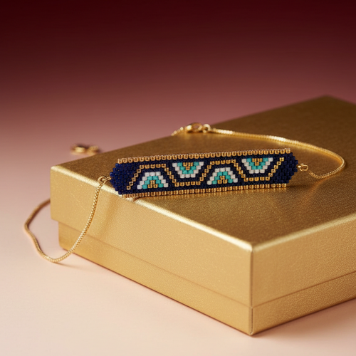 Beaded bracelet on a gold box with a gradient background