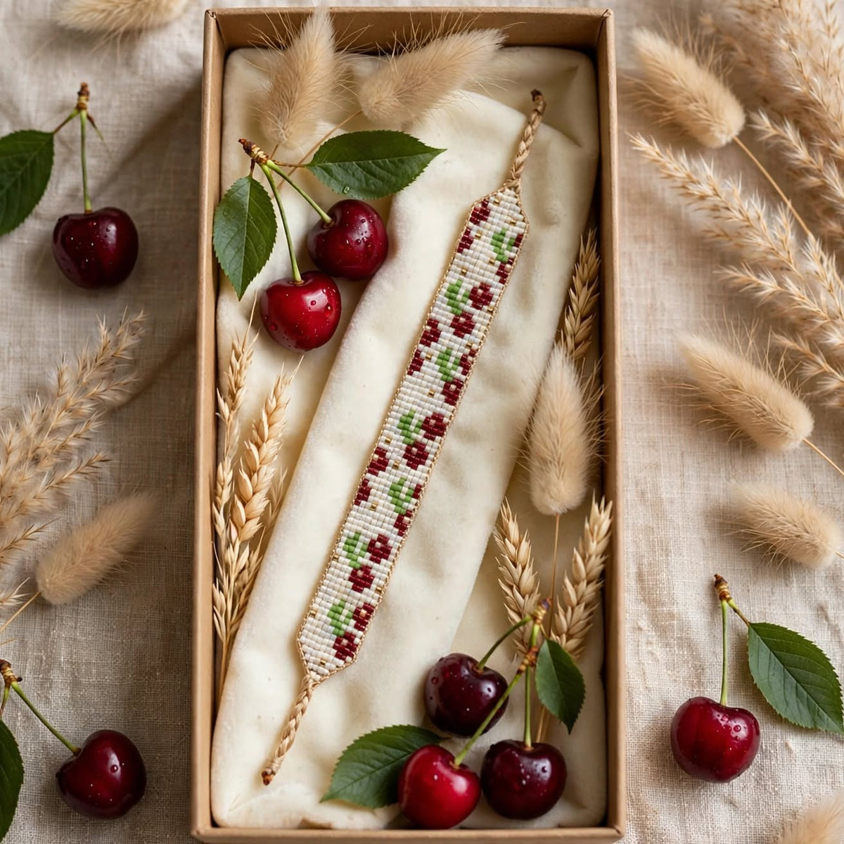 A handmade beaded bracelet with a cherry pattern, presented inside a wooden gift box lined with cream fabric, surrounded by decorative wheat stalks and fresh cherries on a linen background.
