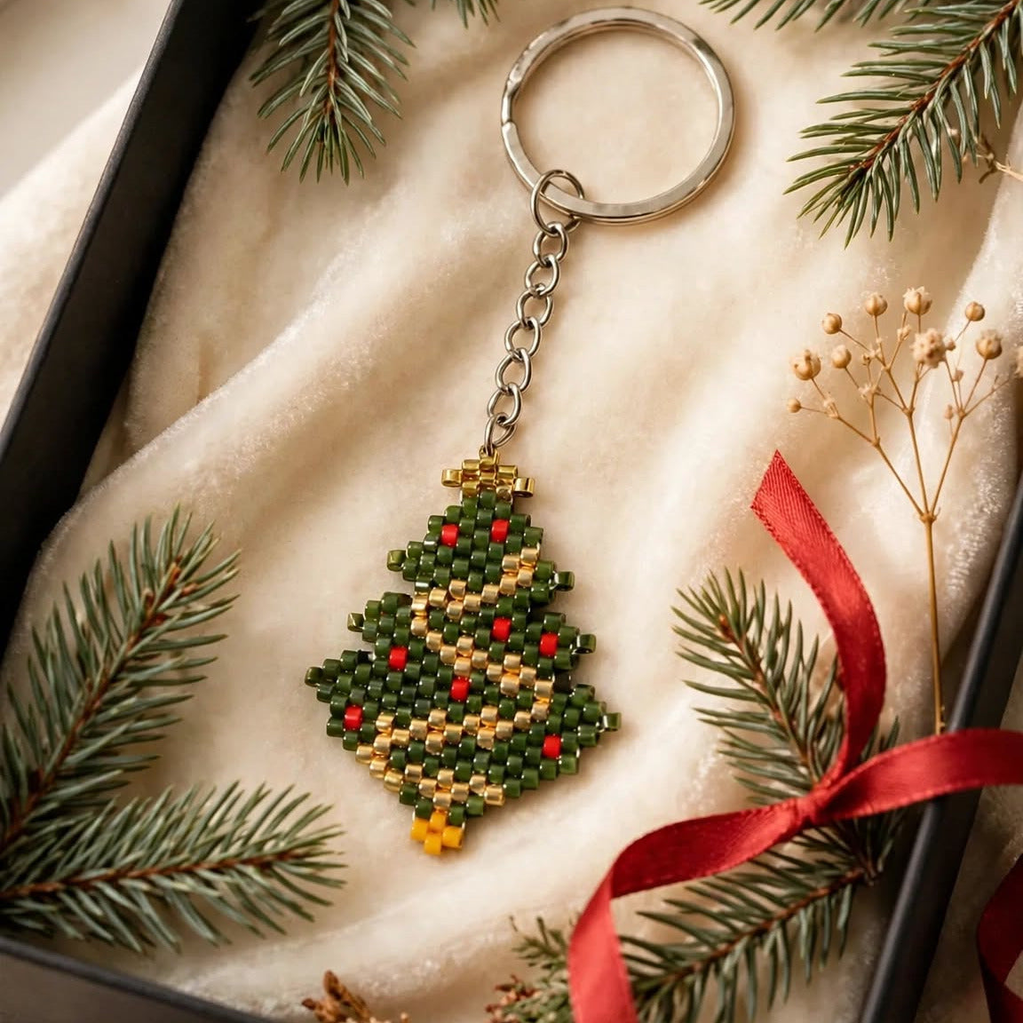 A Christmas tree-shaped beaded keychain with a silver key ring, displayed inside a black gift box lined with cream fabric and decorated with pine branches and a red ribbon.