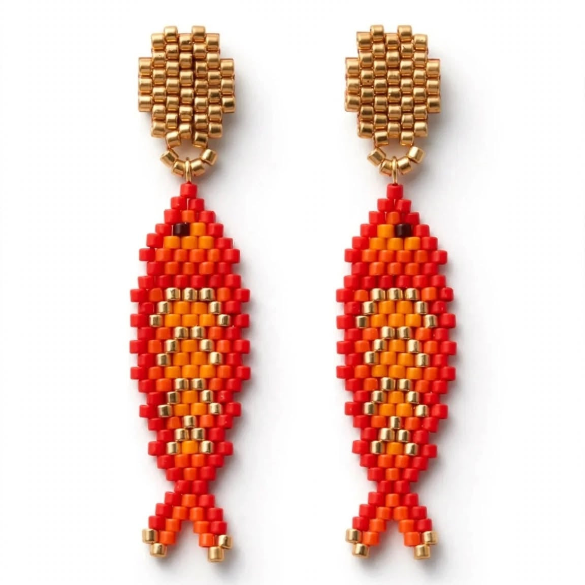 A pair of handmade beaded fish drop earrings featuring red, orange, and gold seed beads on a plain white background.