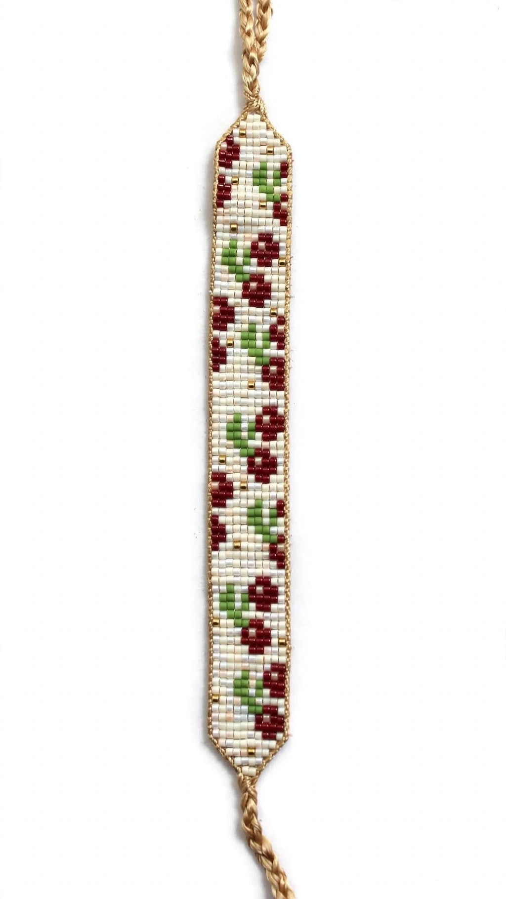 A beaded floral wristlet or bracelet featuring a vertical rectangular body with a pattern of red flowers and green leaves on a white beaded background, finished with a braided gold-toned chain at the top and bottom, shown against a plain white background.