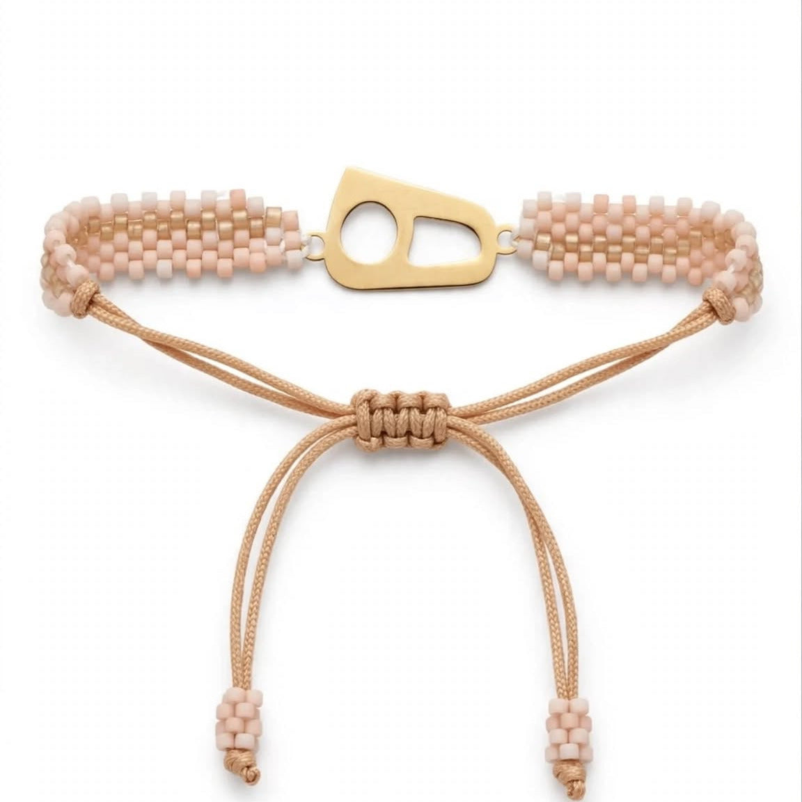 A beaded bracelet with light pink and beige seed beads, featuring a gold-tone adjustable slide clasp and cord details, shown on a plain white background.