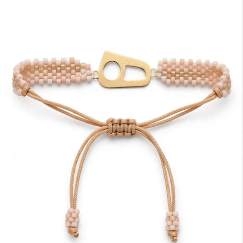 A beaded bracelet with light pink and beige seed beads, featuring a gold-tone adjustable slide clasp and cord details, shown on a plain white background.