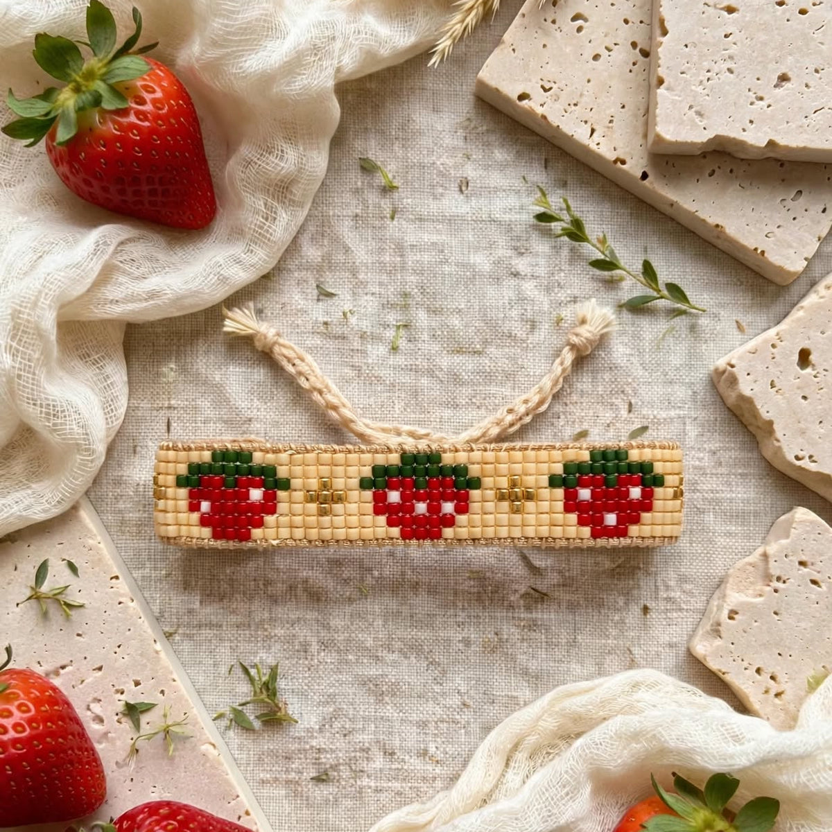 A handmade beaded keychain featuring three embroidered red strawberries with green tops, laid on a textured linen surface surrounded by fresh strawberries, dried wheat, and beige stone tiles.