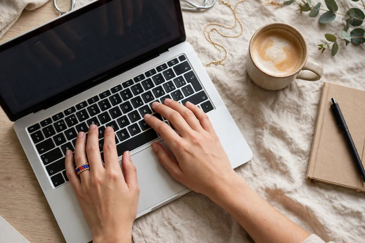 Top-down view of hands typing on a silver laptop on a beige fabric surface, with a cup of coffee, notebook, pen, and small greenery nearby.