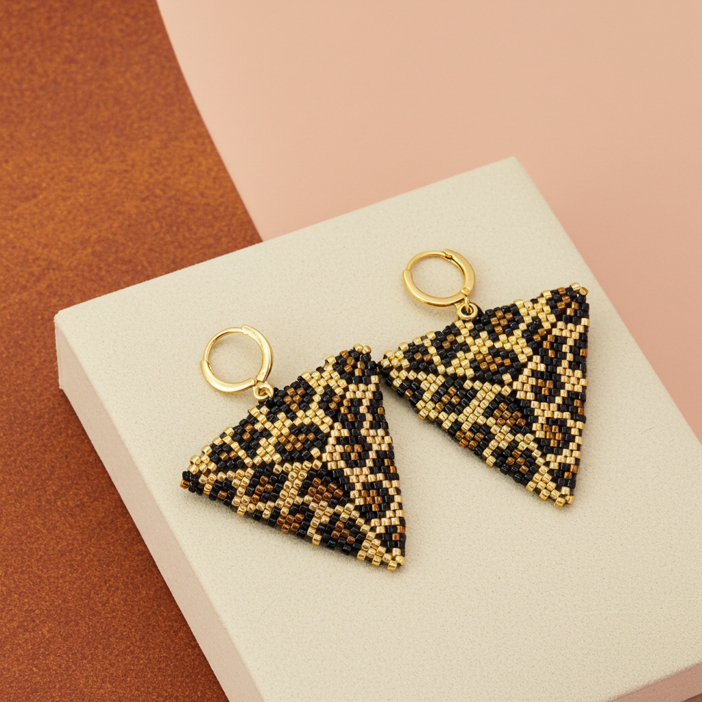 Triangular beaded earrings on a display stand with a geometric background