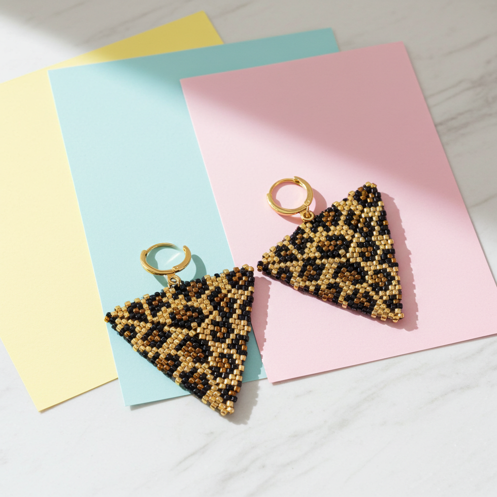 Leopard print triangle earrings on colorful paper