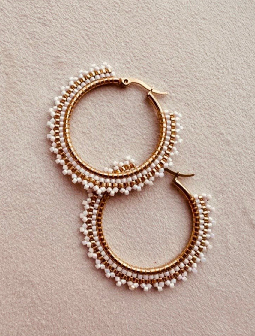 White & Gold Miyuki Hoop Earrings