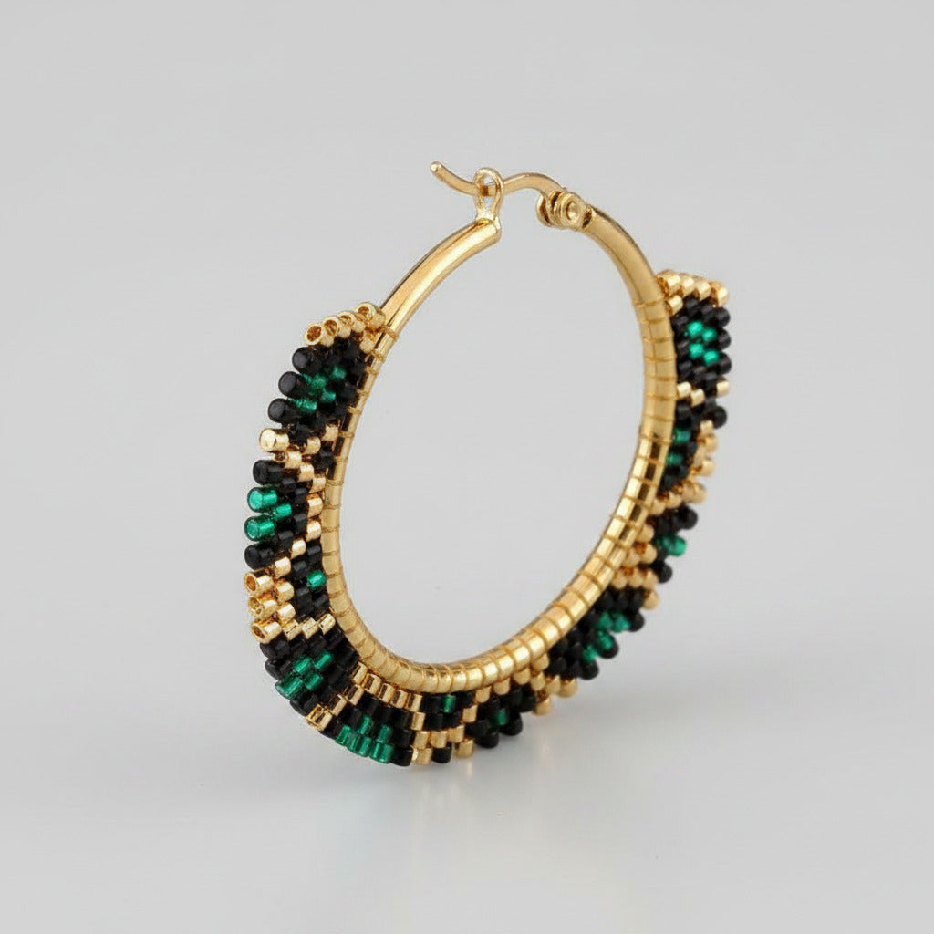 Green Leopard Miyuki Hoop Earrings