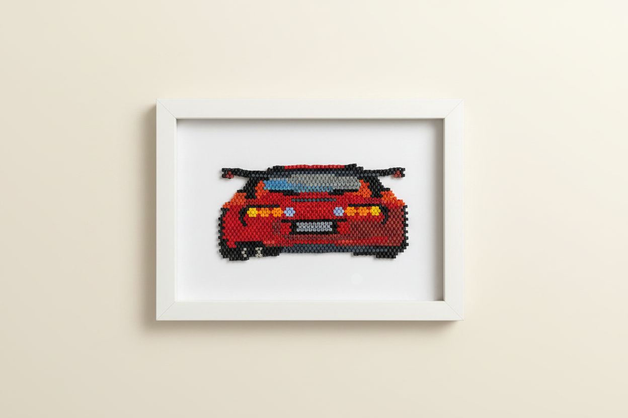 Framed cross-stitched red car on a beige wall